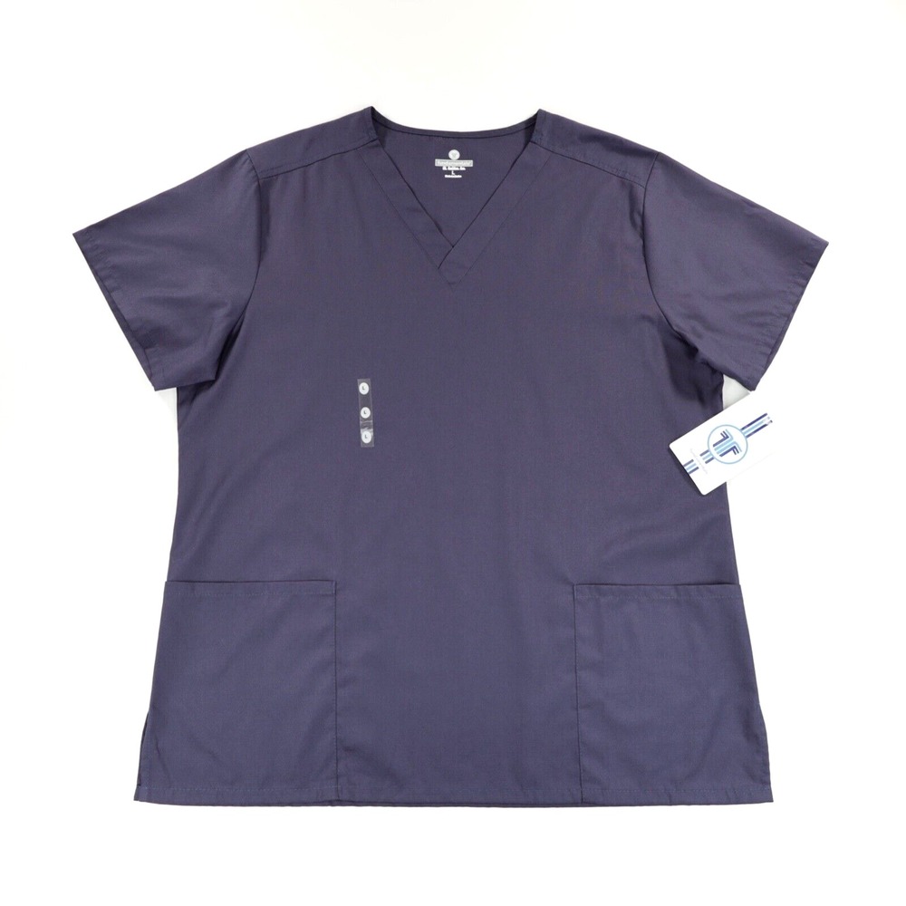 Fundamentals Womens V Neck Short Sleeve Split‎ Hem Pocket Scrub Top Navy Size L